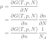 \begin{equation*} \begin{split} \mu&=\frac{\partial{G(T, p, N)}}{\partial{N}}\\ &=\frac{\partial{G(T, p, N)}}{\partial{n}}\frac{\partial{n}}{\partial{N}}\\ &=\frac{\partial{G(T, p, N)}}{\partial{n}}\frac{1}{N_A} \end{split} \end{equation*}